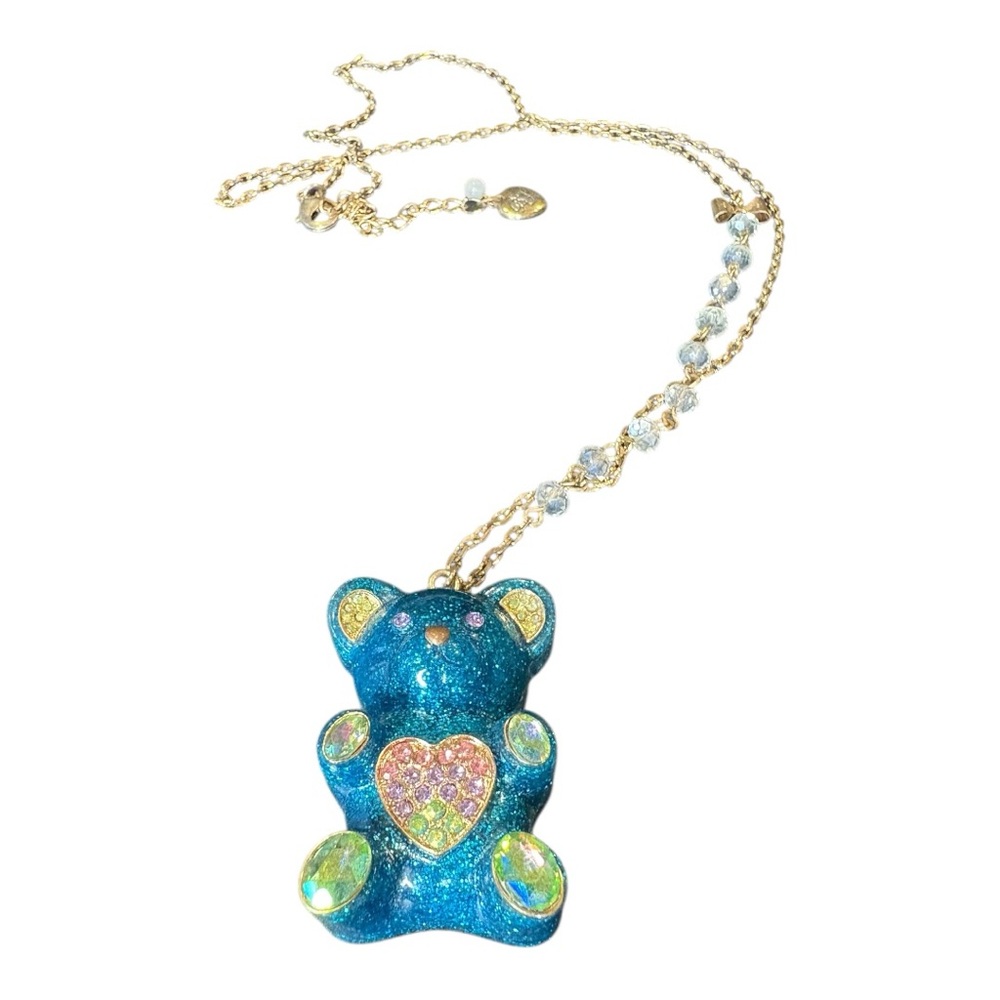 Betsey Johnson Blue Glitter Bear Pendant Necklace Rhinestone Heart J15